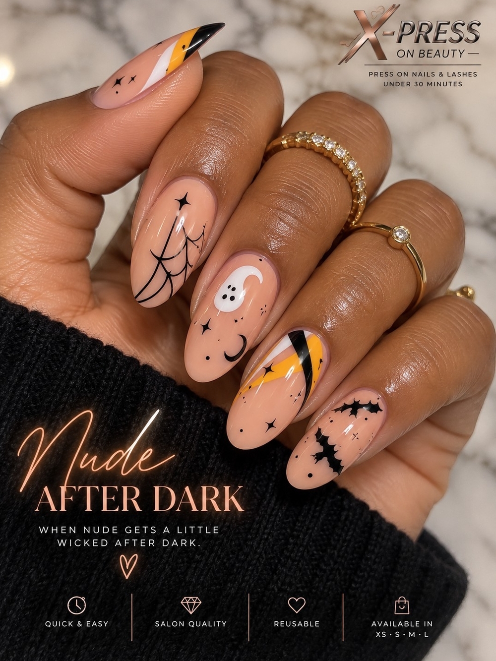 Nude After Dark Press-On Nails – Nude & Black Halloween Set